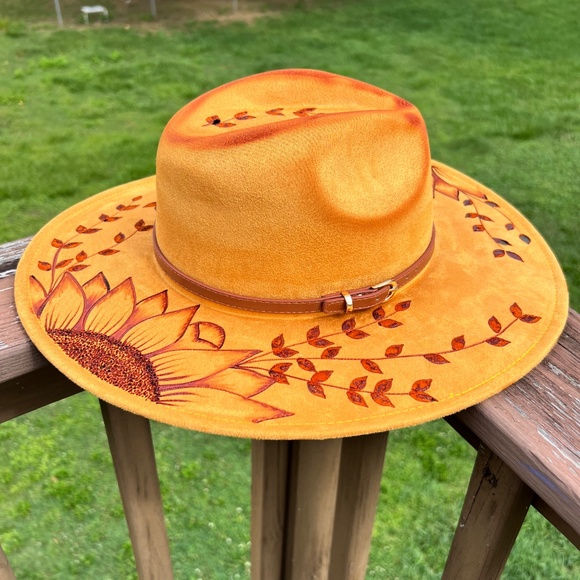 Hand Burned Yellow Double Sunflower Rancher Hat - Picture 3 of 4